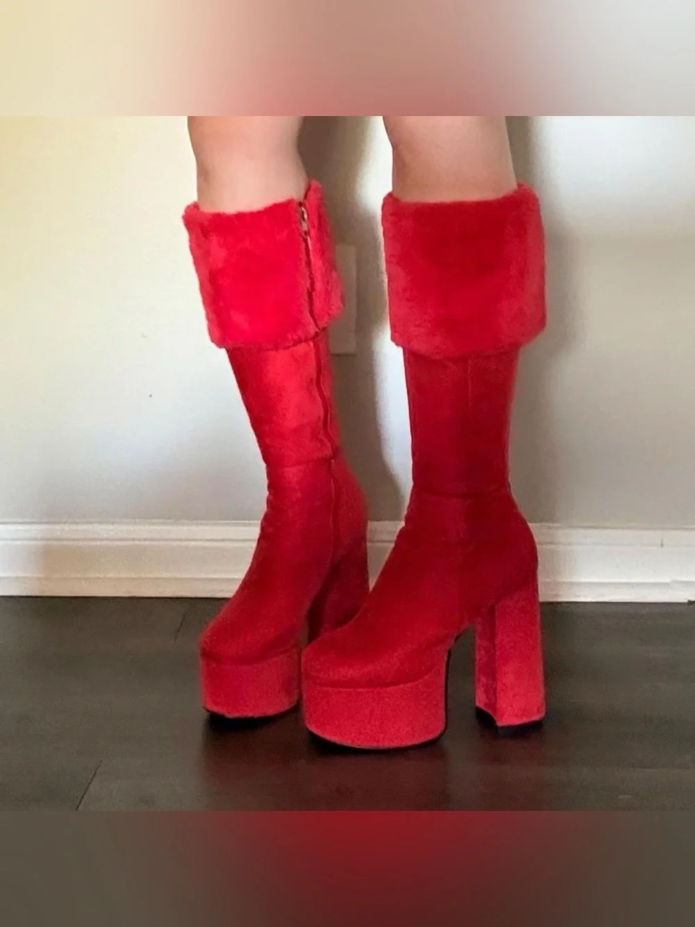 Red Suede Faux Fur-Trim Platform Boots